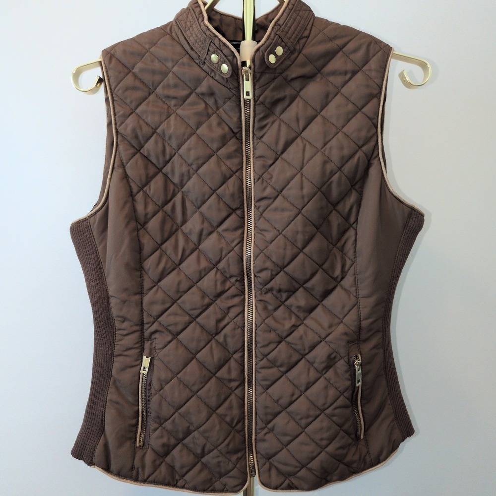 C'est Toi Quilted Vest Women Large Brown Diamond Stitch Ribbed Side JV094